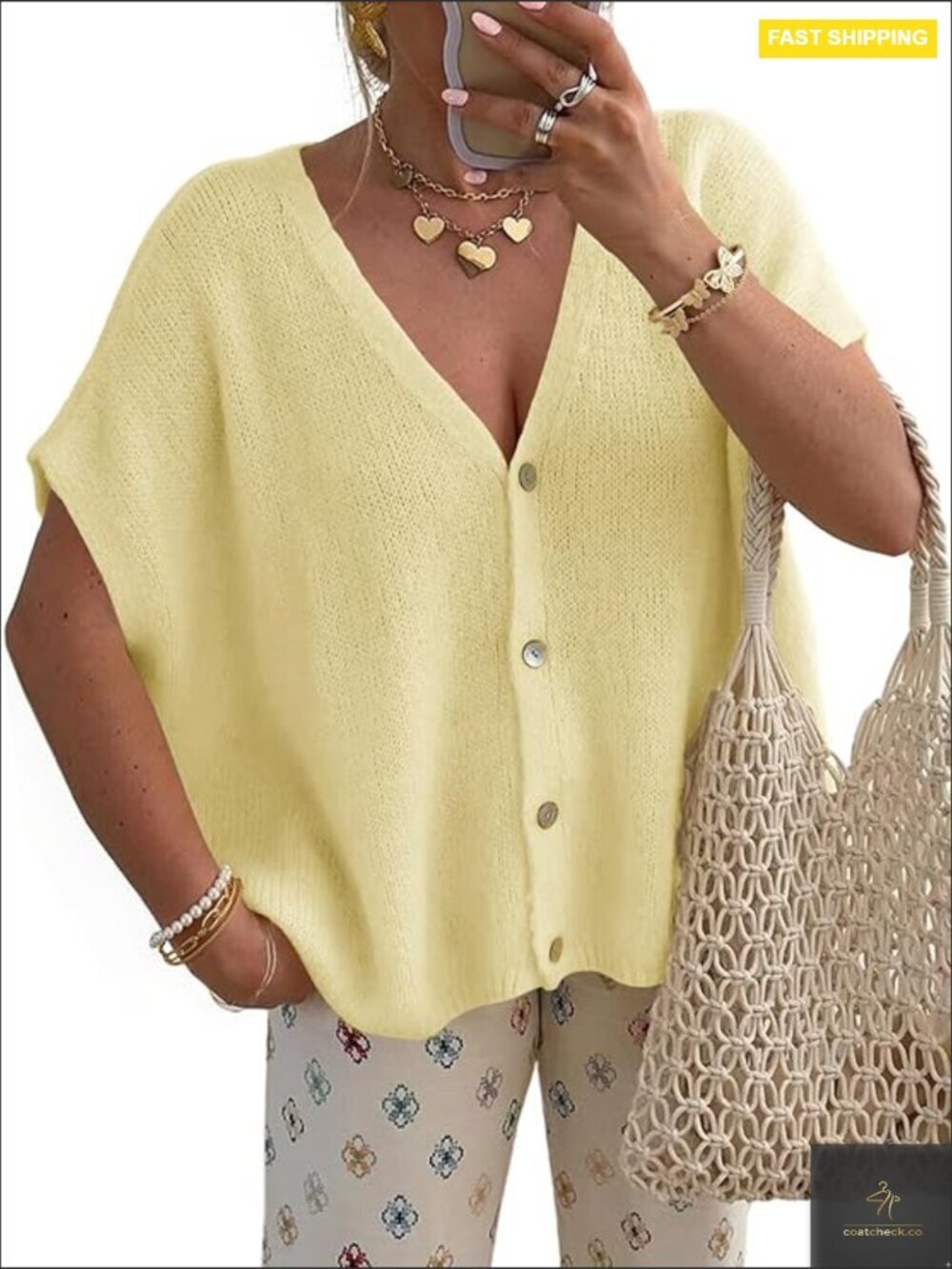 Short Sleeve Cardigan Sweater Lightweight Loose Fit V-Neck Casual Knit Top
